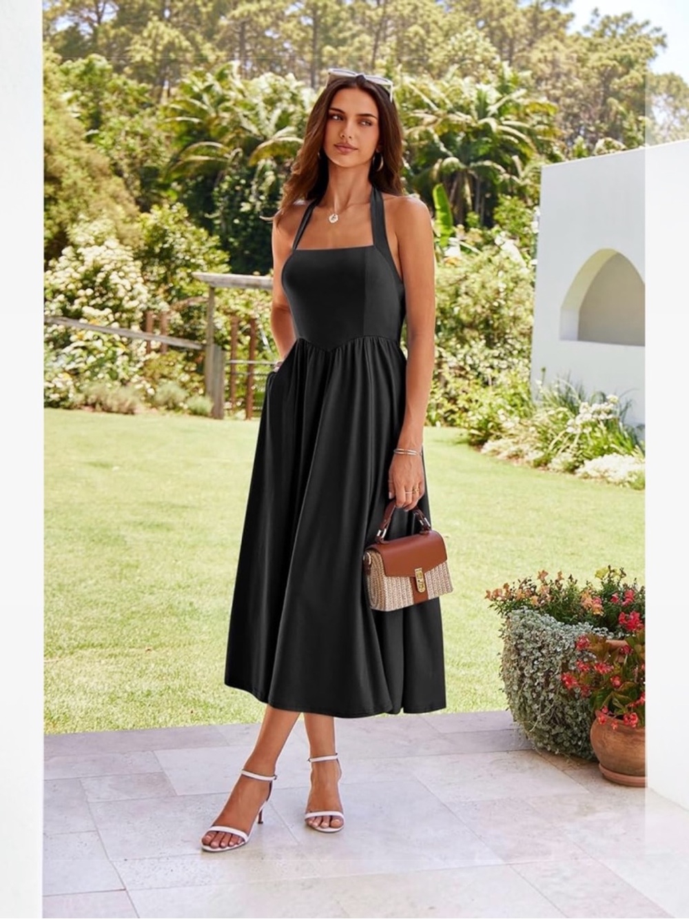 Halter Midi Dress with Pockets | Sleeveless Cotton Blend A-Line Swing Dress